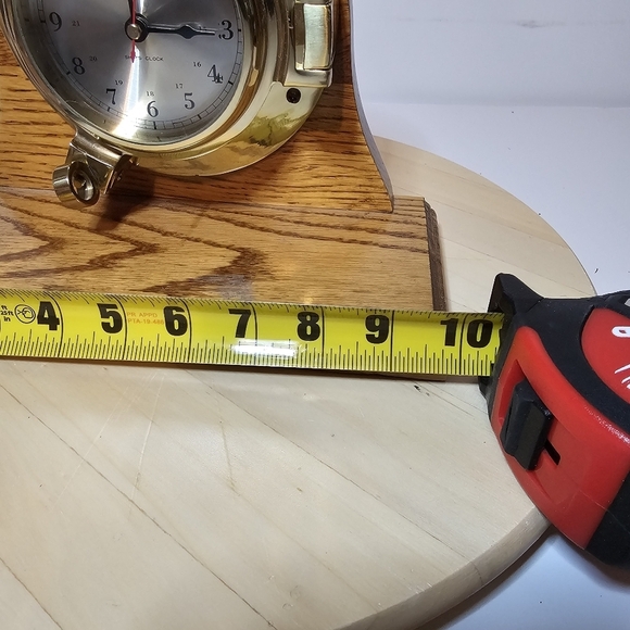 Vintage Bell Clock Company Brass Ship Porthole Quartz Mantel Clock W/Wooden Base - Picture 10 of 12